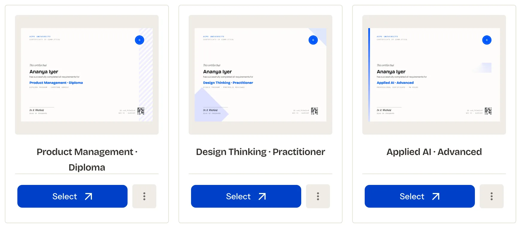 Published certificate and badge templates, each ready to issue